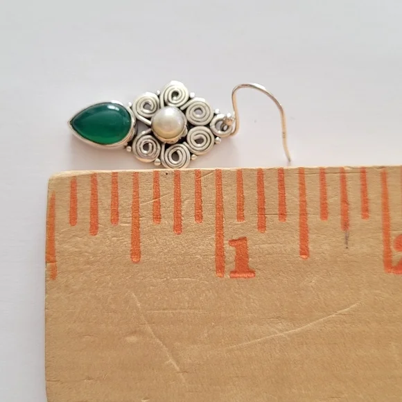 Sterling Silver Green Onyx and Pearl Dangle Earrings